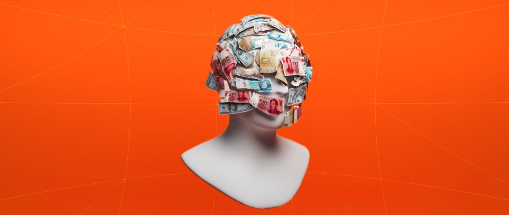 A bust of a person covered in currency